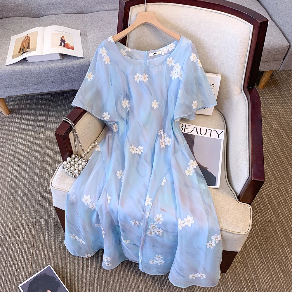 Plus-size Women's Summer Casual Commute Loose Comfortable dress Blue flared sleeves printed zipper lined short sleeve long dress