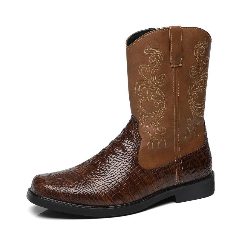 Men's Wide Width Tall Cowboy Boots Fall 2025 PU Leather High Shaft Western Embroidered Workwear Vintage Riding Boots for Outdoor view 5