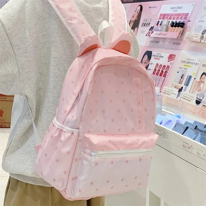 

Kawaii Pink Cat Ear Star Print Waterproof Backpack Japanese Ins Style Large Capacity School Bag For Teenage Girls Back To School