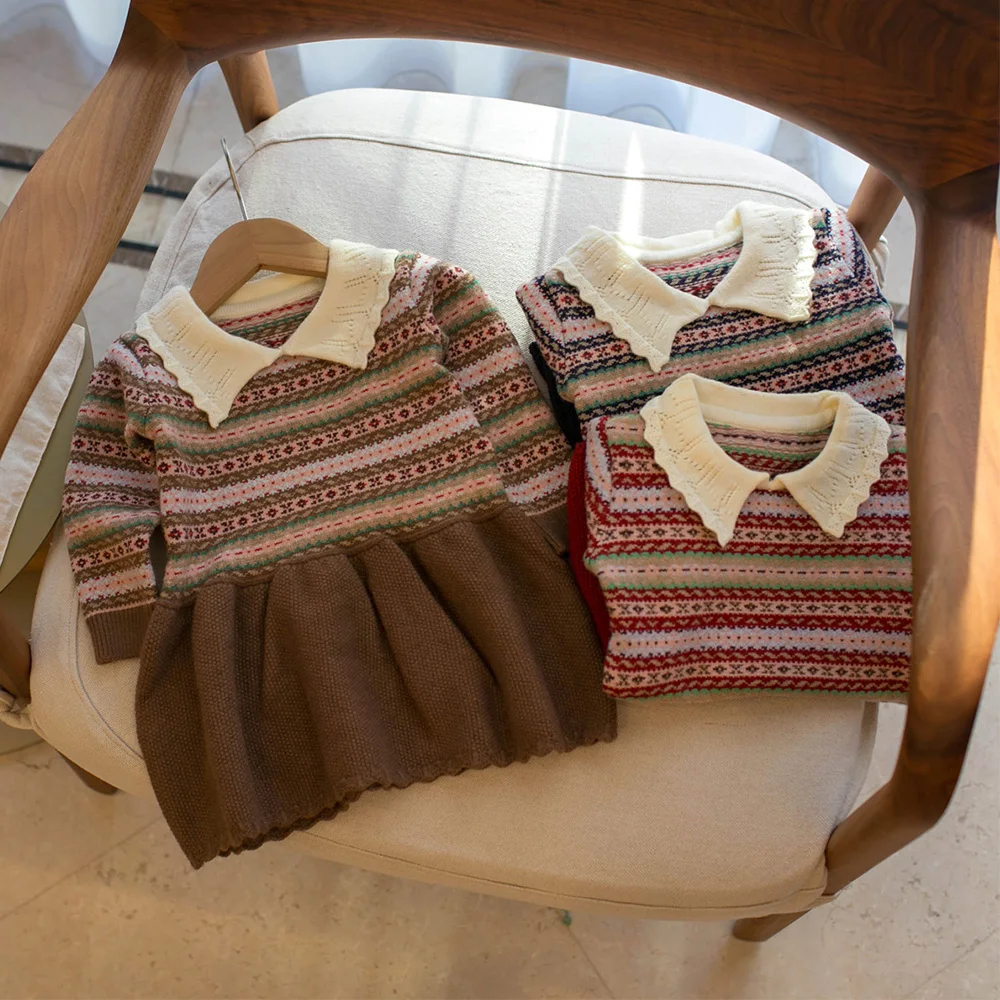 Autumn Children's Sweater Girls' Jacquard Fair Isle Knitting One-piece Dress 1-4Y Toddler Baby Christmas New Year Dress Vintage