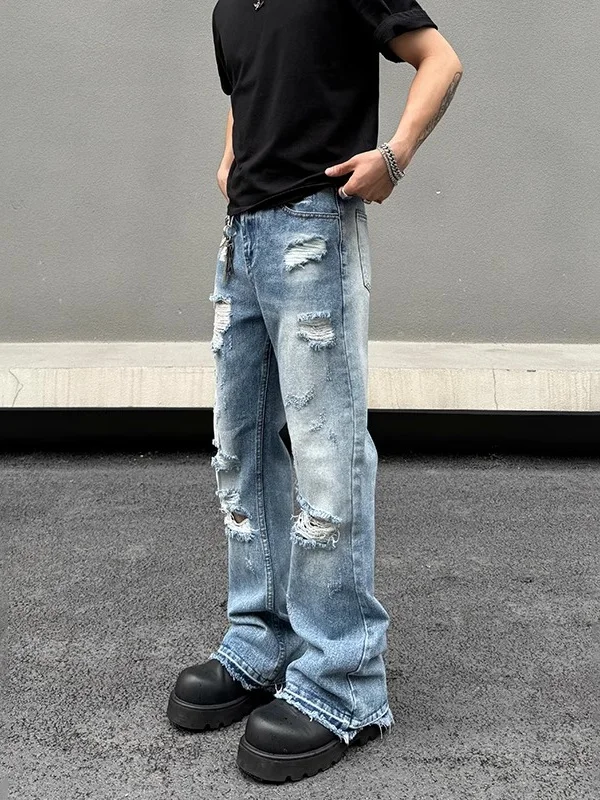 

Cleanfit High Street Blue Washed Men's Jeans Summer Trend Straight Leg Slimming Flared Pants Cuffed Breathable Cotton Polyester