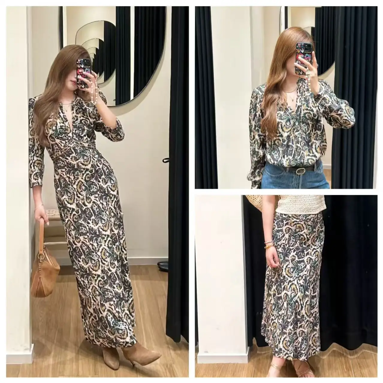 

Paris Bas Long Shirt Dress Vintage Print Skirt High Waist Breathable Polyester V Neck Casual Workwear Autumn Fashion Set