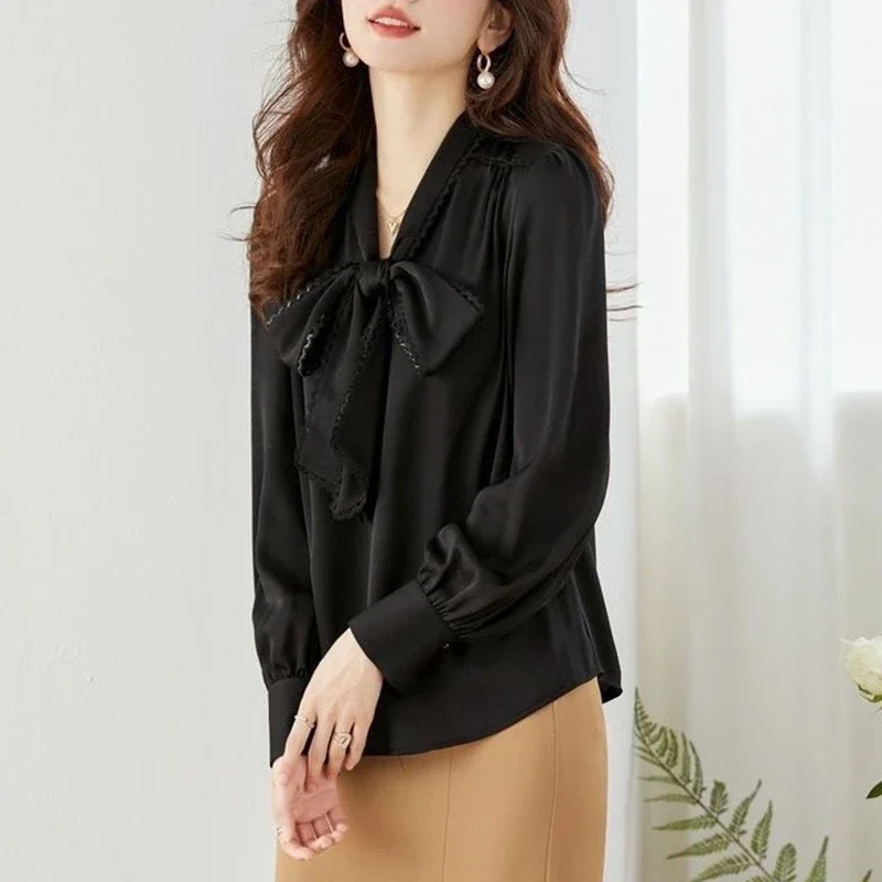 Elegant Bow Chiffon Blouses Office Women Fashion Autumn Winter Blusas Korean Clothing White Black Ladies Puff Sleeve Tops Shirts