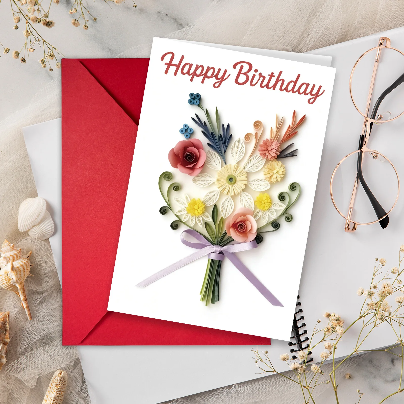 1 kreatives Blumenstrauß-Illustrations-Set mit Umschlag für Geburtstagsgrußkarten, Geburtstagsgrußkarte mit Botschaft