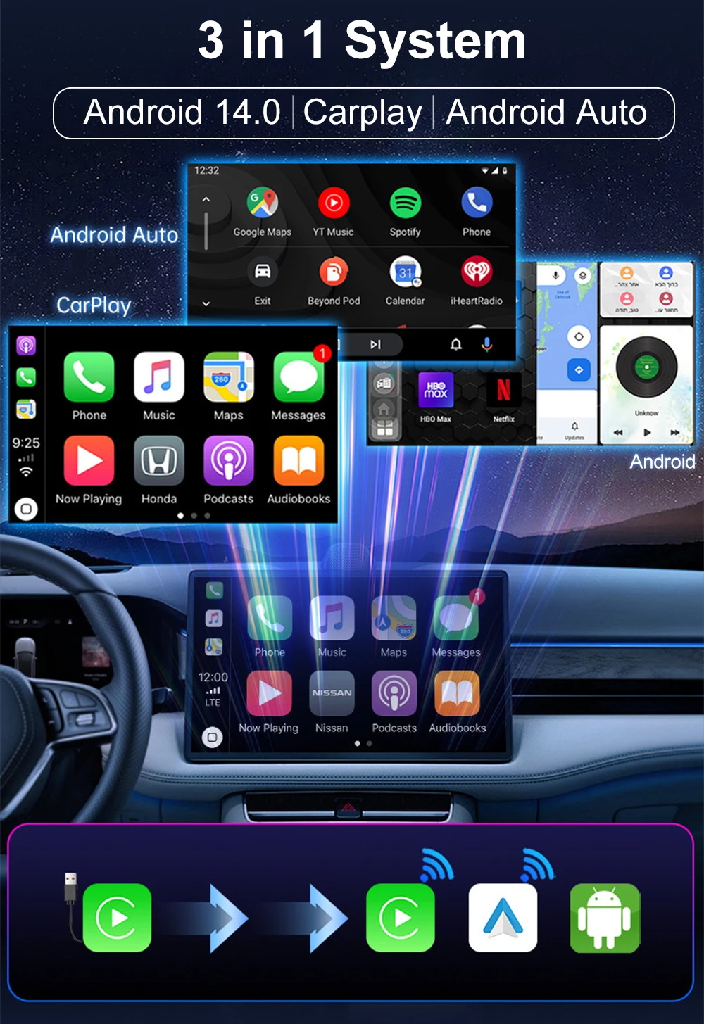 LEHX Android 14 Cars Smart  Ai Box Wired to Wireless Carplay Android Auto Adapter WiFi For Youtube Nexflit Bulit in Play Stroe