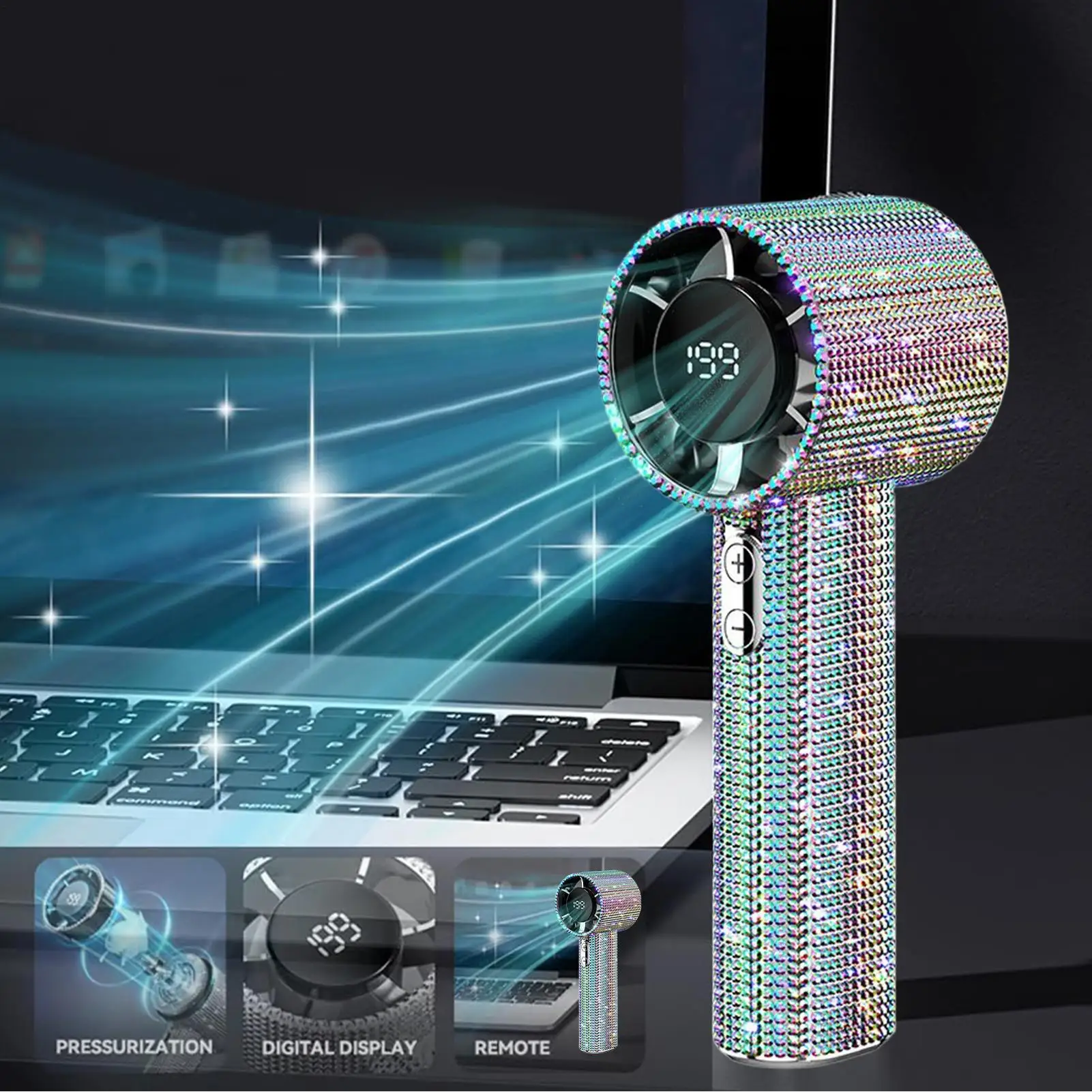 Summer New Diamond Handheld Small Fan Creativity Shining Rhinestone Fan Digital Display Outdoor Portable Fan High-speed
