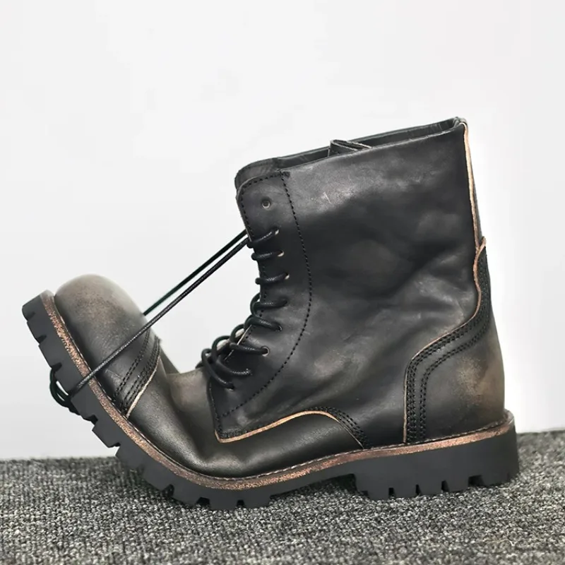 

European American Retro Style Western Cowboy Boots Men Shoes Cowhide Washed High Top Outdoor Casual Genuine Leather Male Boots