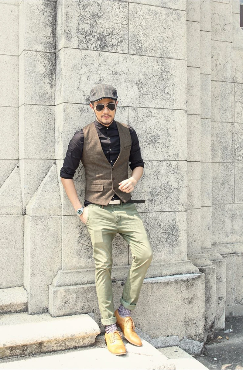 D9568 Autumn new men's British retro herringbone pattern slim fit large size suit vest wool casual vest trendy men