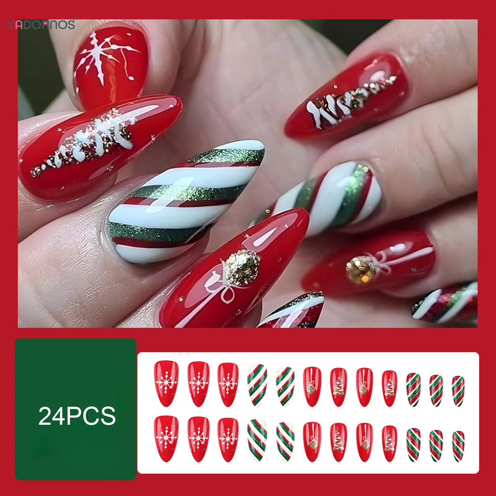 24pcs Christmas Fake Nail Patches Glossy Red Green Almond Press On Nails WithTrees Colorful Ribbon Printed Fashion False Nails