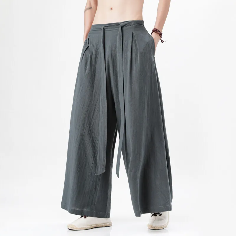 

2025 Chinese Style Harajuku Linen Cotton Linen Pants Man Japanese Kimono Pants Male Streetwear Summer Retro Wide-Leg Trousers