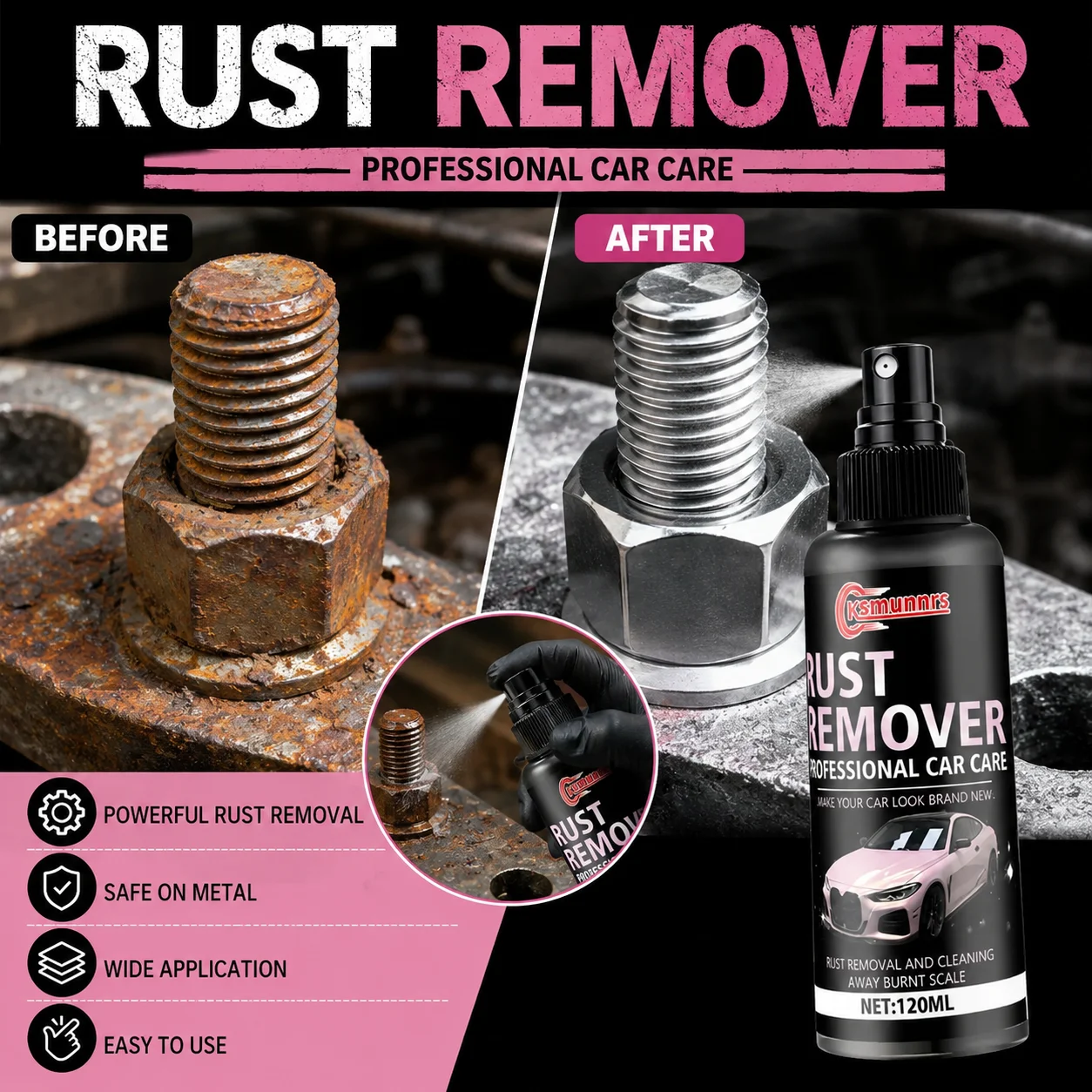 120ml Metal Rust Remover Spray for Wheel Hub Brake Drum Household Metal and Appliance Cleaning