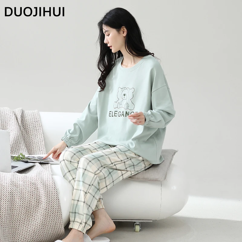 DUOJIHUI Simple Pullover Classic Plaid Pant Casual Pajamas for Women Autumn Fashion Printed Loose Spell Color Female Pajamas Set