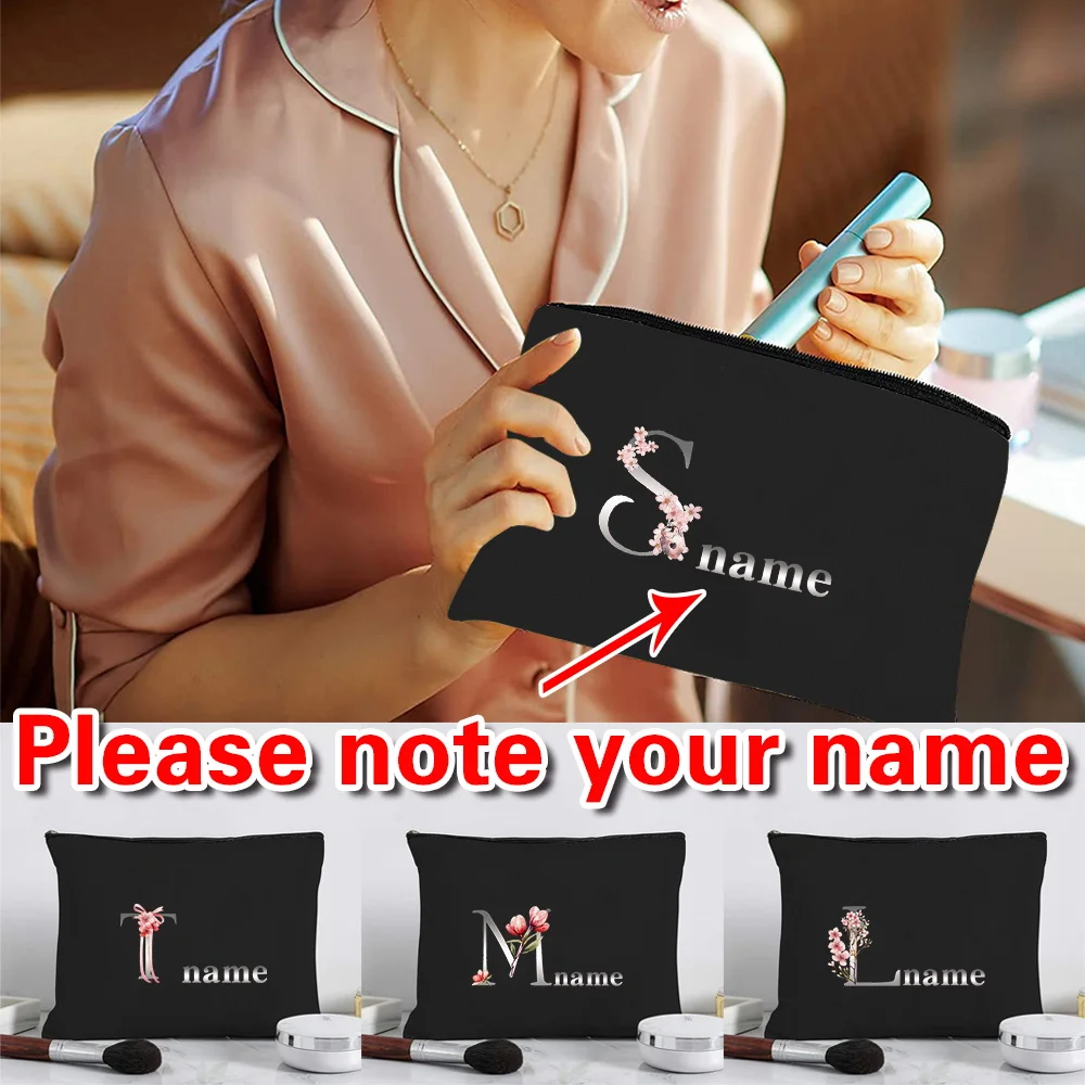

Customized Name Canvas Black Makeup Bag Storage Bag Portable Travel Makeup Bag Customized Product