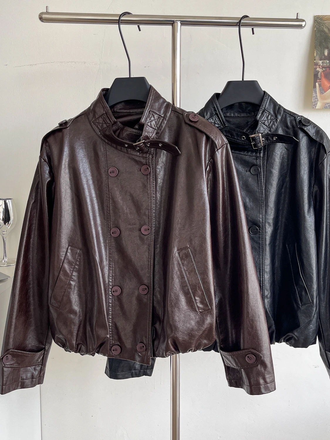 Cappotto da donna in pelle vestibilità ampia Jaet colletto alla coreana doppio petto Faionable Lazy Sle autunno inverno capispalla