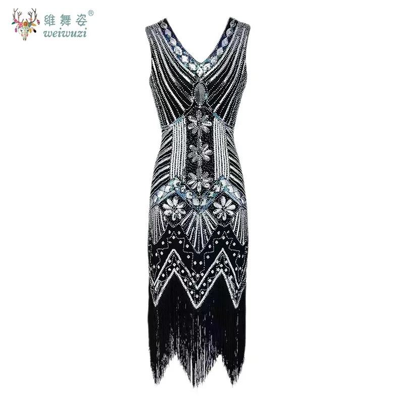 

1920s Women's Vintage Gatsby Evening Dress Banquet Cocktail Party V-Neck Sleeveless Beaded Sequin Tassel Sequins Tassel Evening