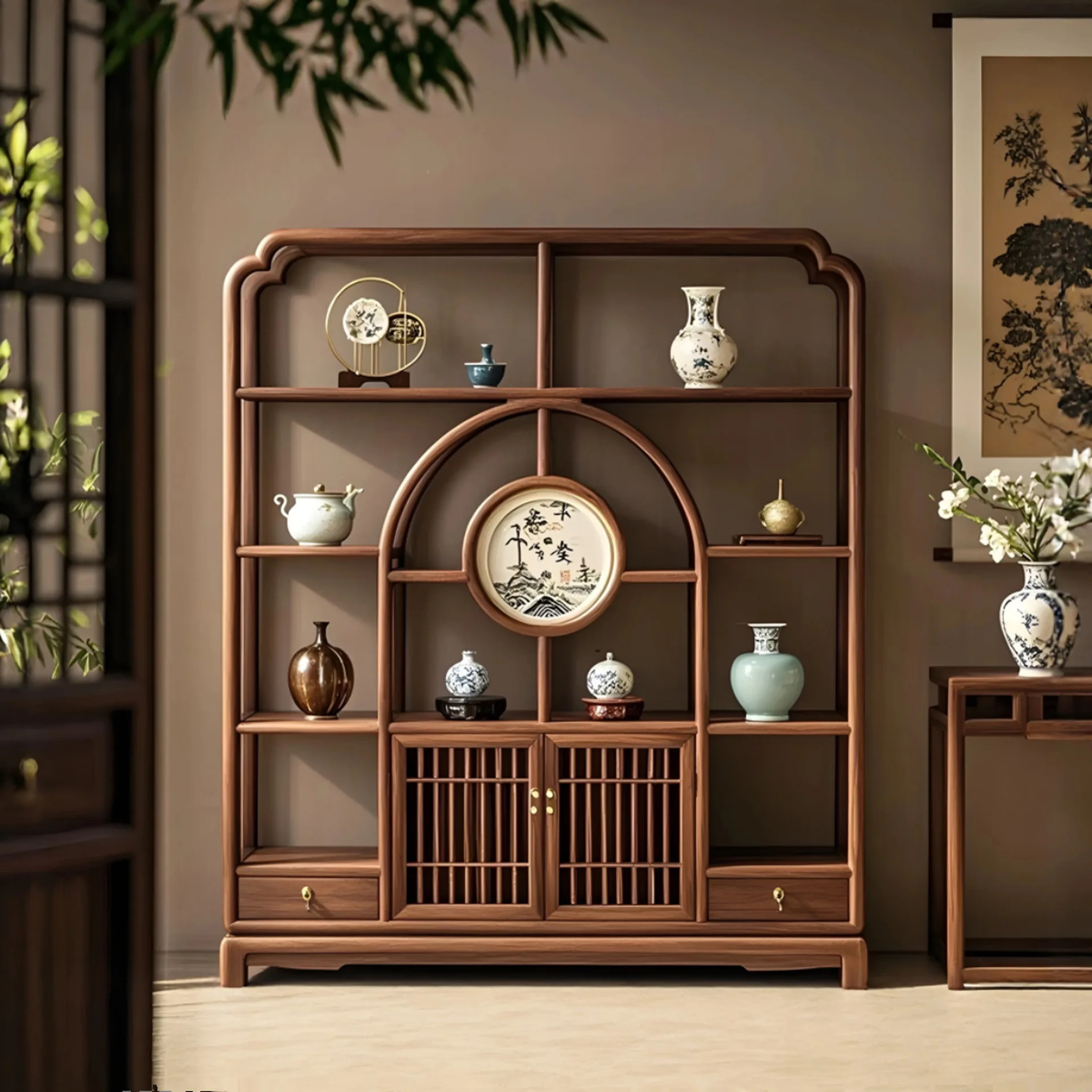 New Chinese-style black walnut Bogu frame, Song Dynasty aesthetics, Duobao Pavilion partition storage rack, tea room, tea cabine