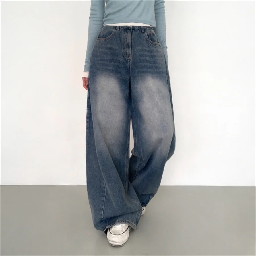 

High Waist Cuffed Pleated Denim Jeans Women's Hong Kong Sle Retro Waed Vintage Wide Leg Slimming Casual Floor-Length Pants