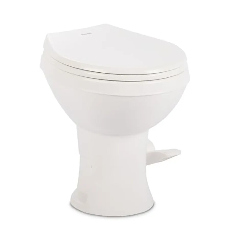 AliExpress – RV toilet with round lightweight plastic bowl, white, universal fit 2-bolt mount, 18 chair height, gravity flush, soft-close se