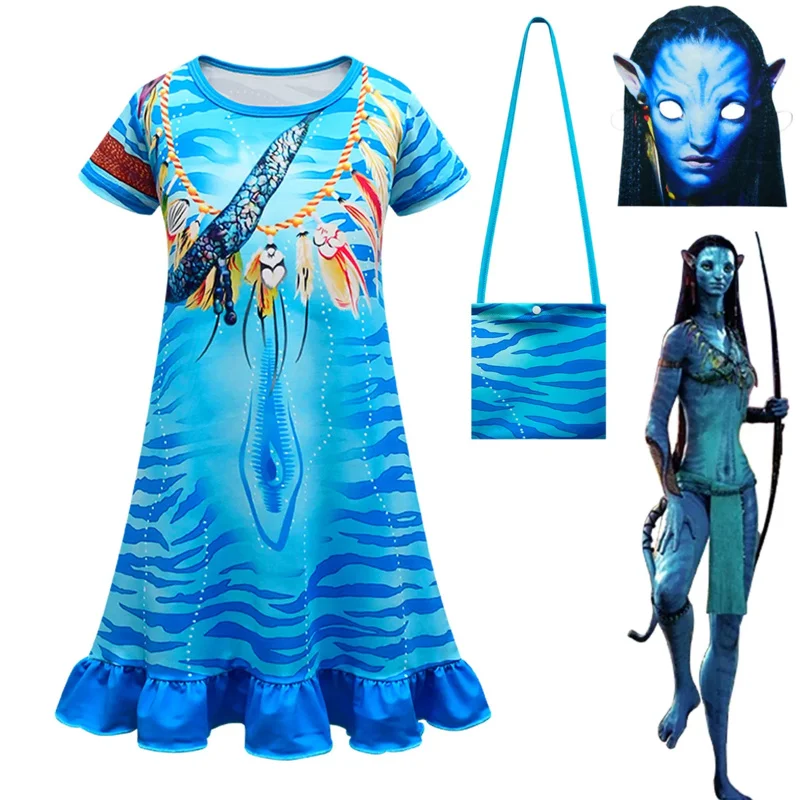 Halloween Kids Avatar Cosplay Costume Girl Avatar 2 The Way of Water Cosplay birthday Dress Mask Bag Summer Feifei Sleeve Dress