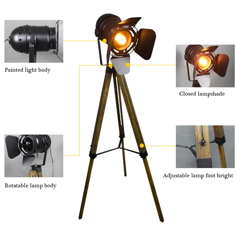 Amerikanische Loft-Stehlampen im rustikalen Vintage-Stil für Wohnzimmer, Büro, Arbeitszimmer, schwarze LED-Holzleuchte, industrielle Stehlampe
