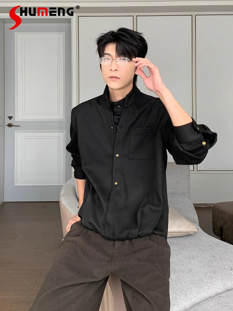 

Men's 2025 Autumn Winter New High-End Stand Collar Shirts Men's Faux Two-Piece Thick Loose Tops High-End Long Sleeve Chic Shirts