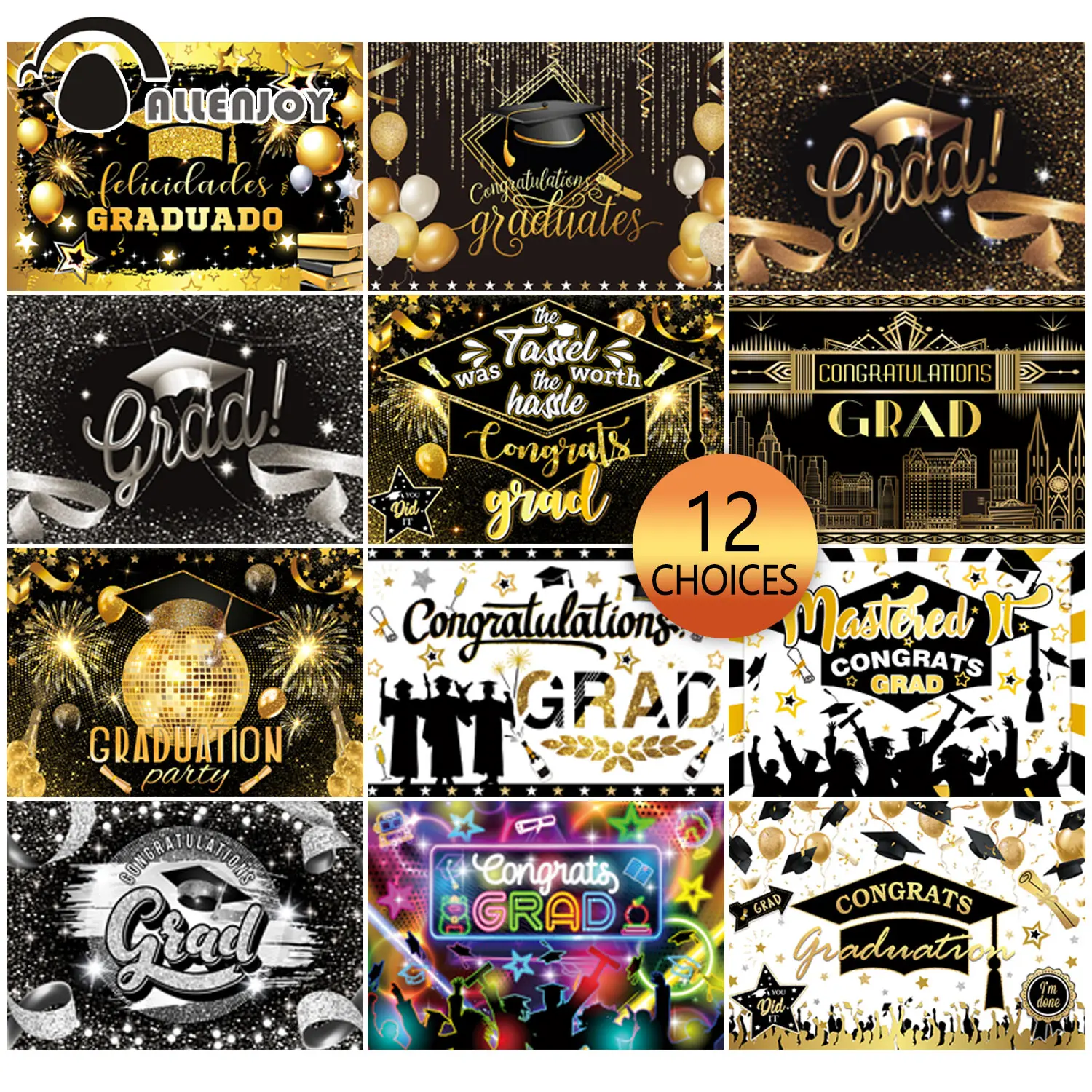 

Allenjoy Grad Congrats Gold and Black Class of 2022 Background Glitter Prom Party Bachelor Cap Celebrate Photobooth Backdrop