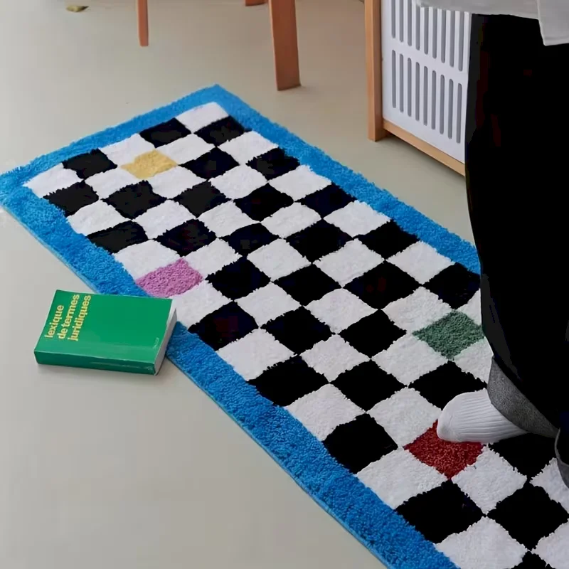 VIKAMA Colorful Checkered Line Bedside Blanket, Absorbent And Anti Slip Long Floor Mat, Checkered Indoor Home Decoration