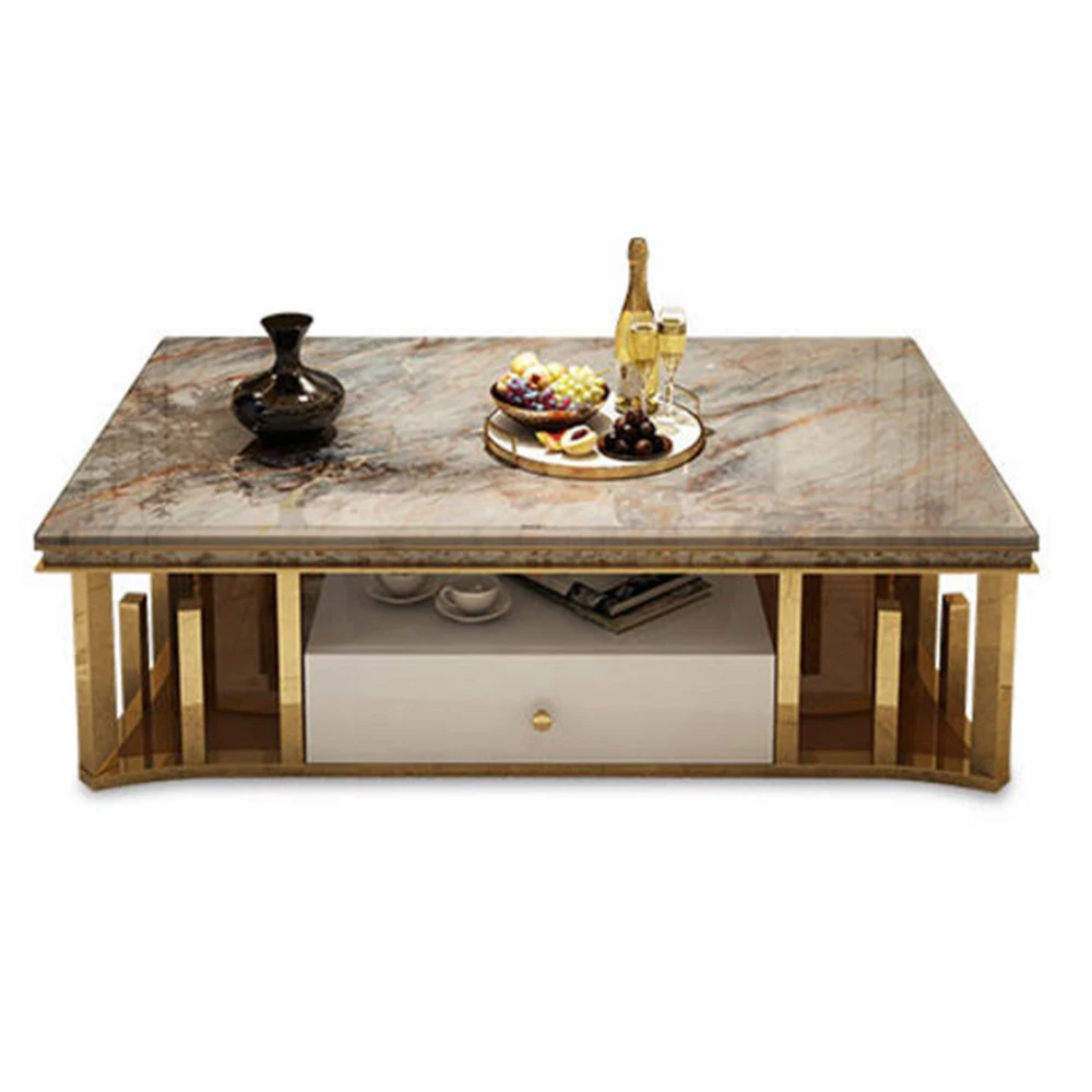 

| Minimalist Sticking Seashell Coffee Table in Gold Stainless Steel Frame Natural Marble Tea Table Living Room Furniture