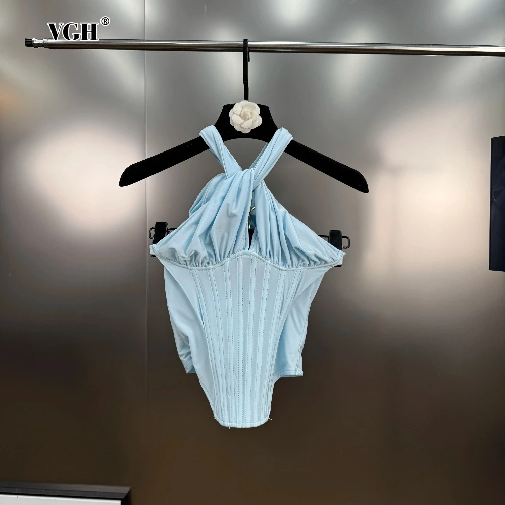 

VGH Hotsweet Blue Color Spliced Hollow Vest for Women Halter Sleeveless Patchwork Fish Bone Slimming Backless Tank Top Female