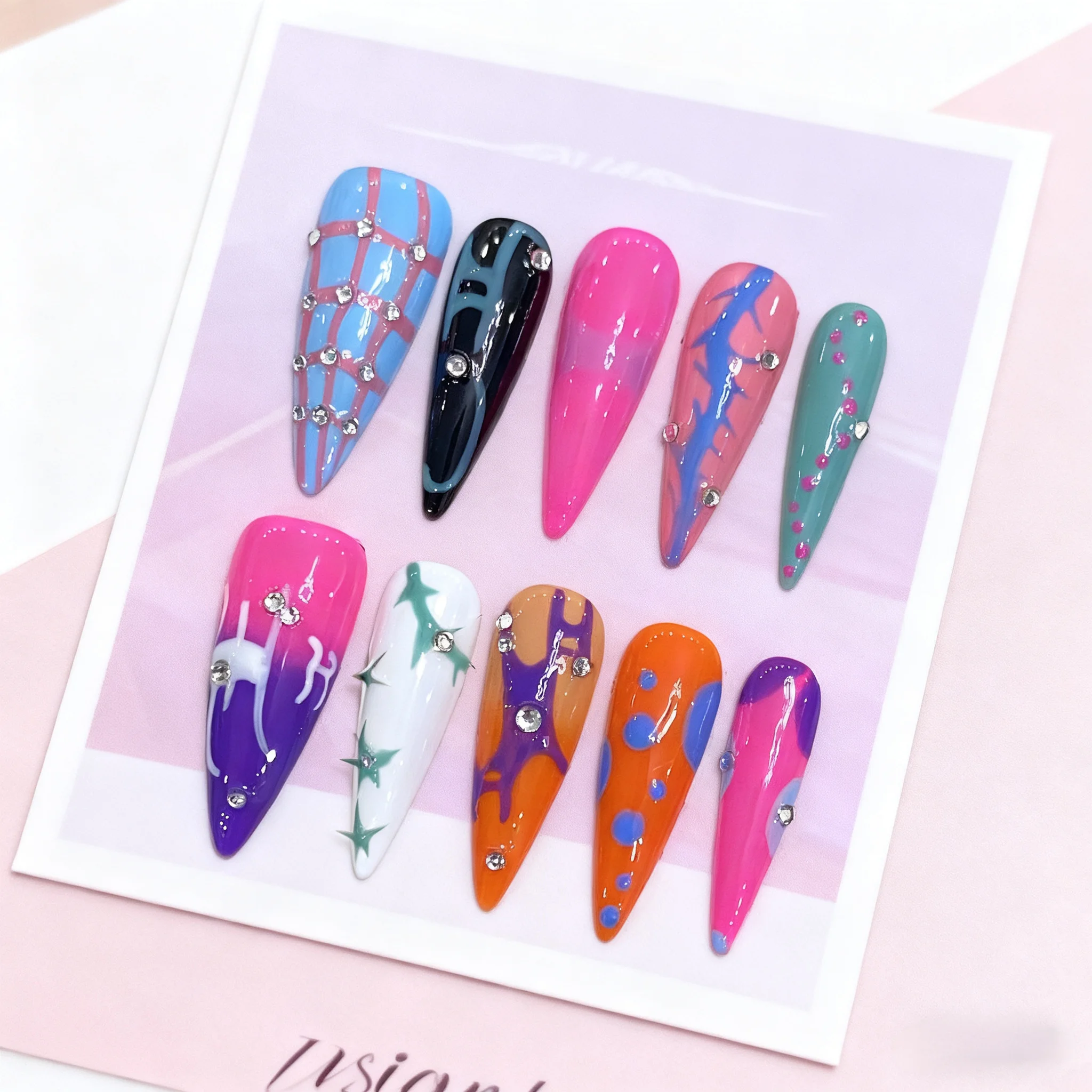 10 قطعة اليدوية Y2K الأظافر وهمية الملونة رسمت باليد اضغط على الأظافر انفصال يمكن ارتداؤها للحفلات الزفاف لتقوم بها بنفسك مسمار الفن #1