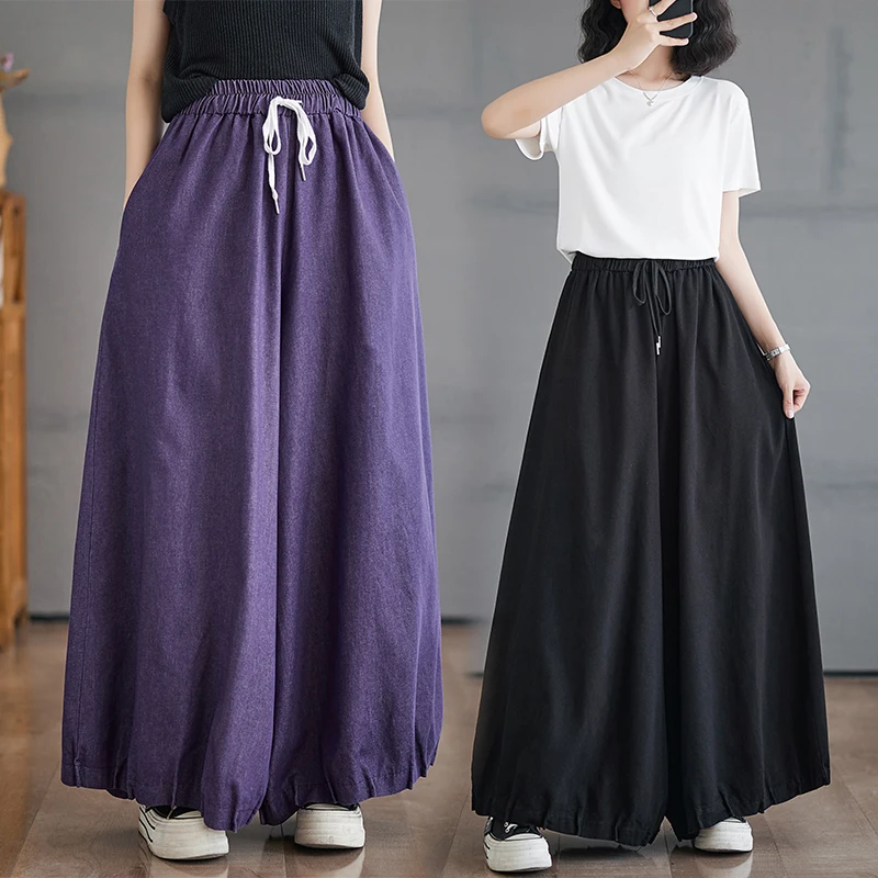 Women Elastic Waist Denim Pants Spring Fall Fashion Solid Color Wide Leg Loose Casual Lantern Trouser Hip Hop Streetwear Female