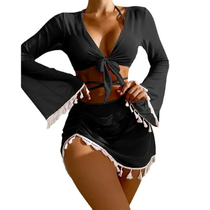 2025 New Aliexpress Conservative Swimwear Women's Solid Tassel Mesh Mask Short Skirt Set of Four Bikini