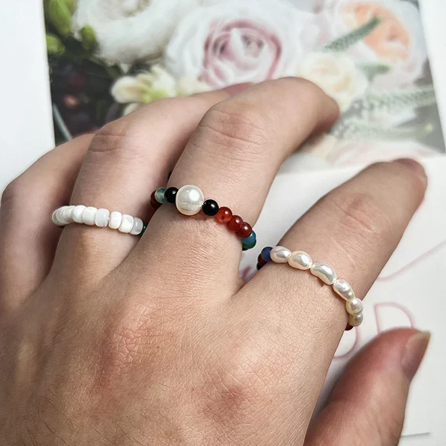 Women\'s Natural Stone Freshwater Pearl Shell Ring Set Elastic Line Adjustable Ring Stylish Simple Wedding Jewelry Gifts