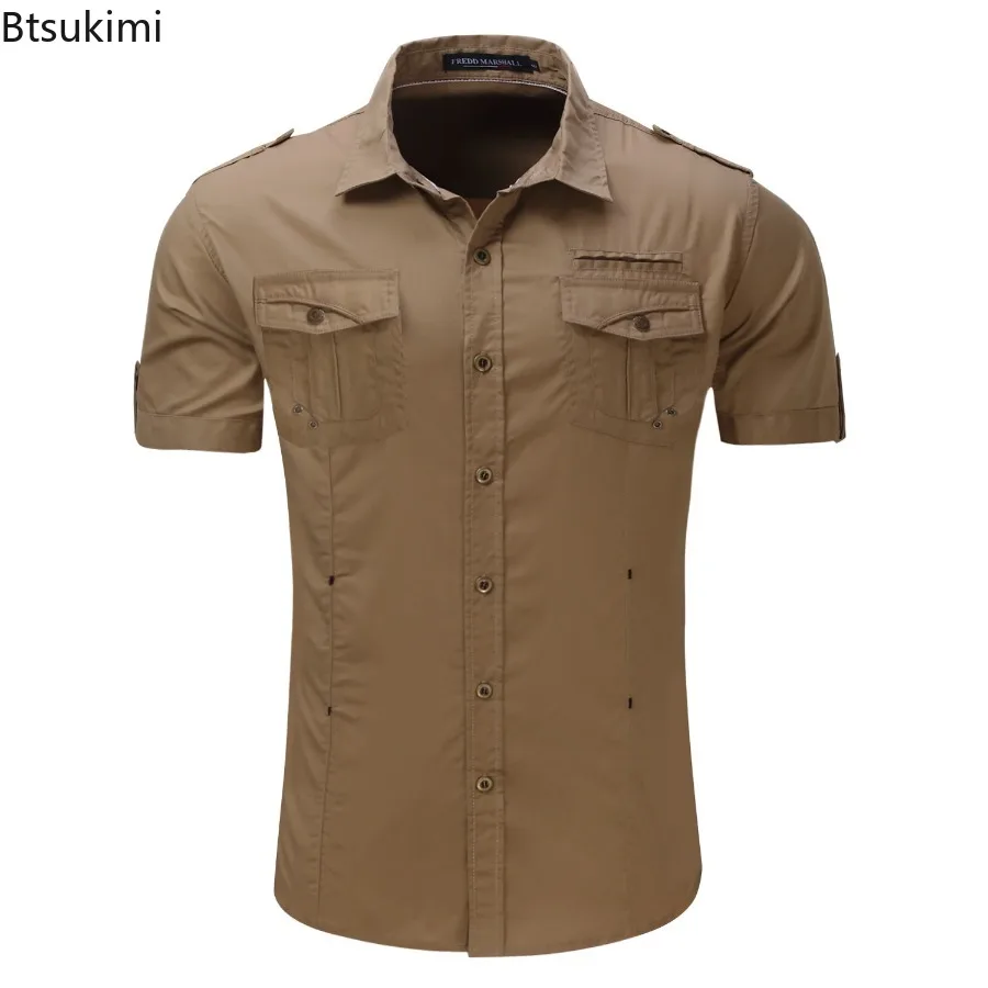 

2024 Men's Outdoor Training Military Cargo Shirts Summer Solid Slim Short-sleeved Casual Hiking Tops Men Breathable Work Shirts