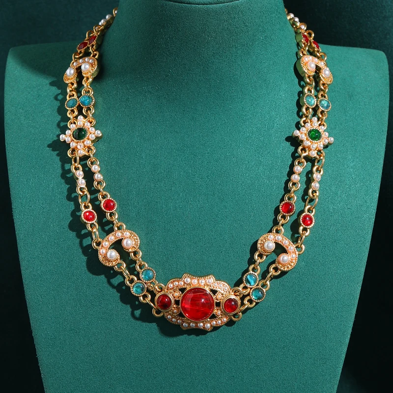 

Vintage Statement Pearl Layered Red Glass Necklace Collar Choker Palace For Woman Bridal Antique Gold Color Accessories 2026