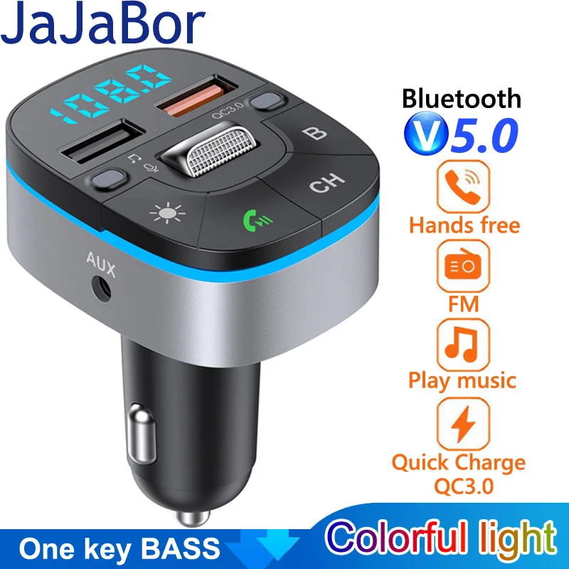 

JaJaBor FM Transmitter Bass AUX Audio Receiver Dual USB QC3.0 Fast Charging Car Charger MP3 Player Handsfree Bluetooth Car Kit