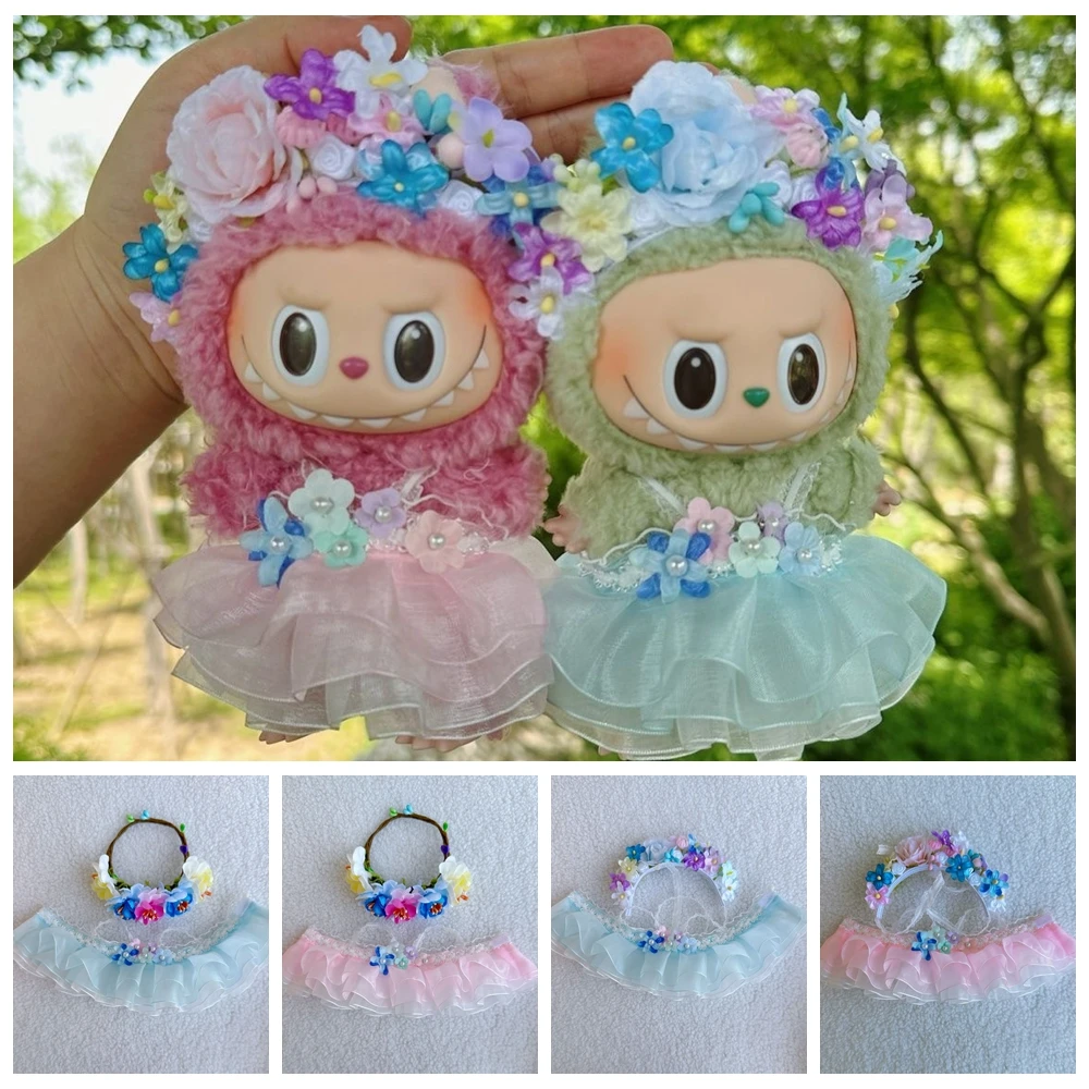 

For 17cm Labubu/Mokoko Doll Clothes Outfit Clothes Dress With Flower Headwear Dolls Accessories Cute Decoration