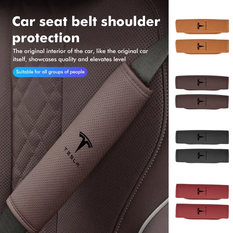 2PCS Leather Car Seat Belt Cover Pad Universal Accessories For Tesla Model 3 Y S X 2021 Roadster Cybertruck Juguete