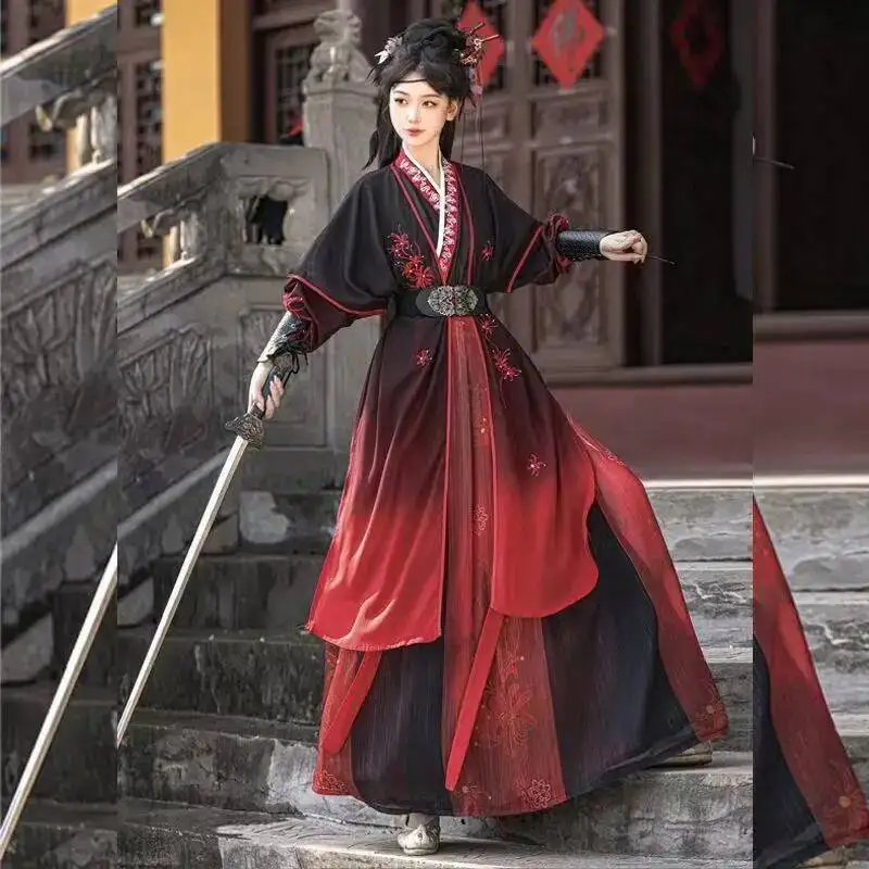 

Black Red Ancient Hanfu Traditional Shore Floral Embroidery Cross Collar Costume Men Women Halloween Swordsman Cosplay Clothing