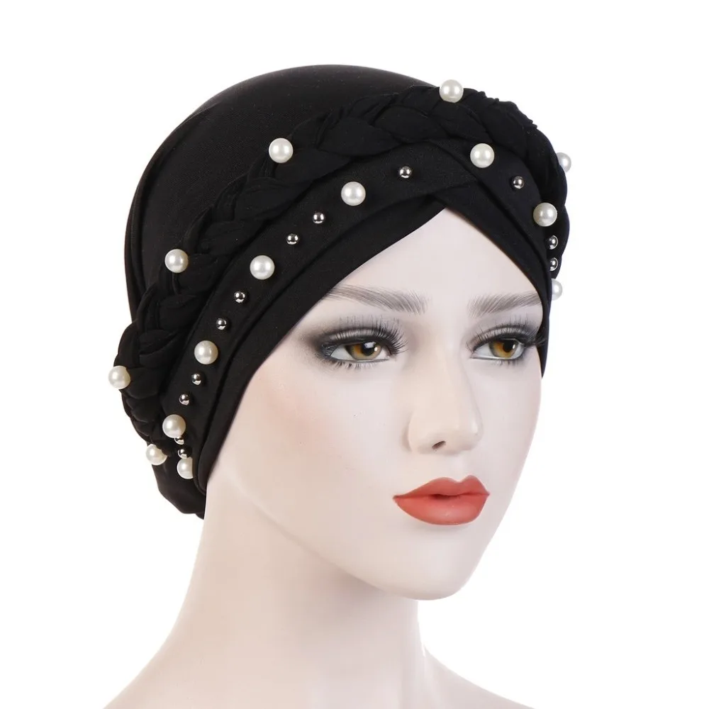 Pearl Bead Pre-Tied Twisted Hijab Lightweight Solid Color Imitation Pearl Turban Hat Comfortable Adjustable Head Scarf