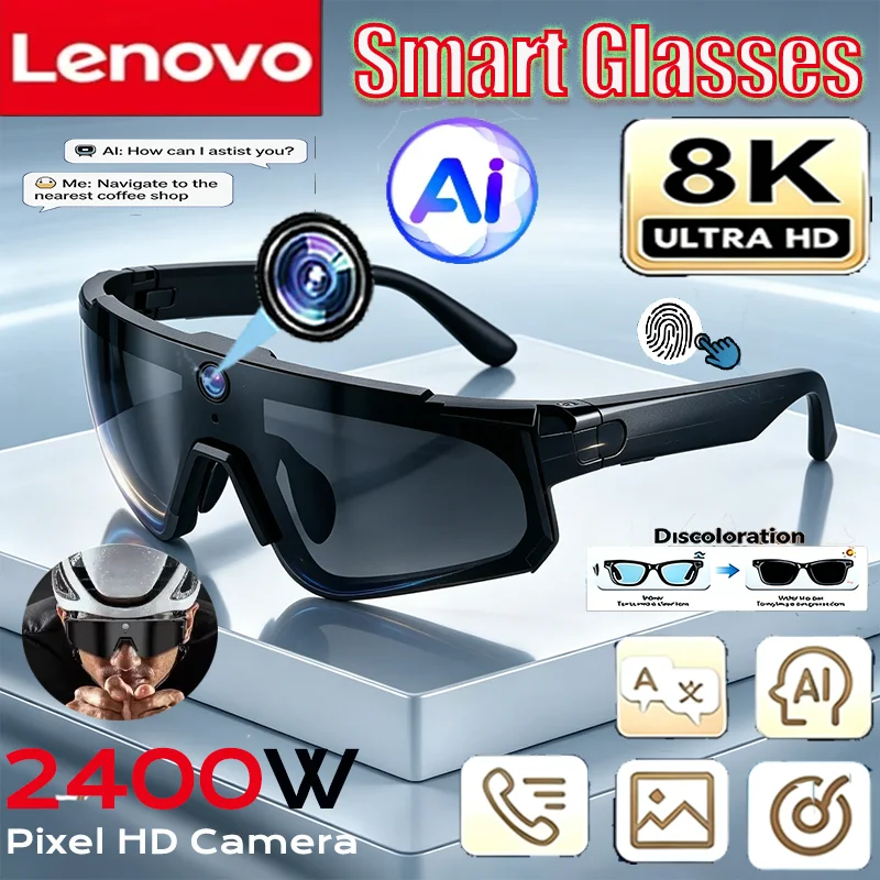 Lenovo 8K Camera 2400W AI Smart Glasses ChatGPT Anti-shake Cycling Video&Photo Sport Sunglasses DualMic 1TB Windproof Goggles