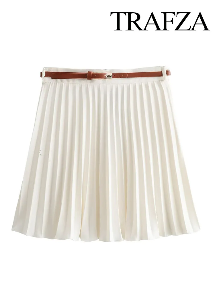 

TRAFZA Women Summer Fashion New Folds Belt Slim Mini Skirt Woman Chic Solid Side Zipper Decorated Short Skirt Streetwear Mujer