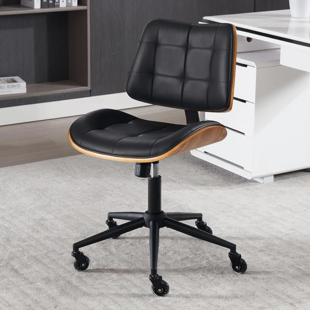 

home office desk chair with wheels, adjustable height armless office chair, pu leather mid back 360° small computer chair, moder