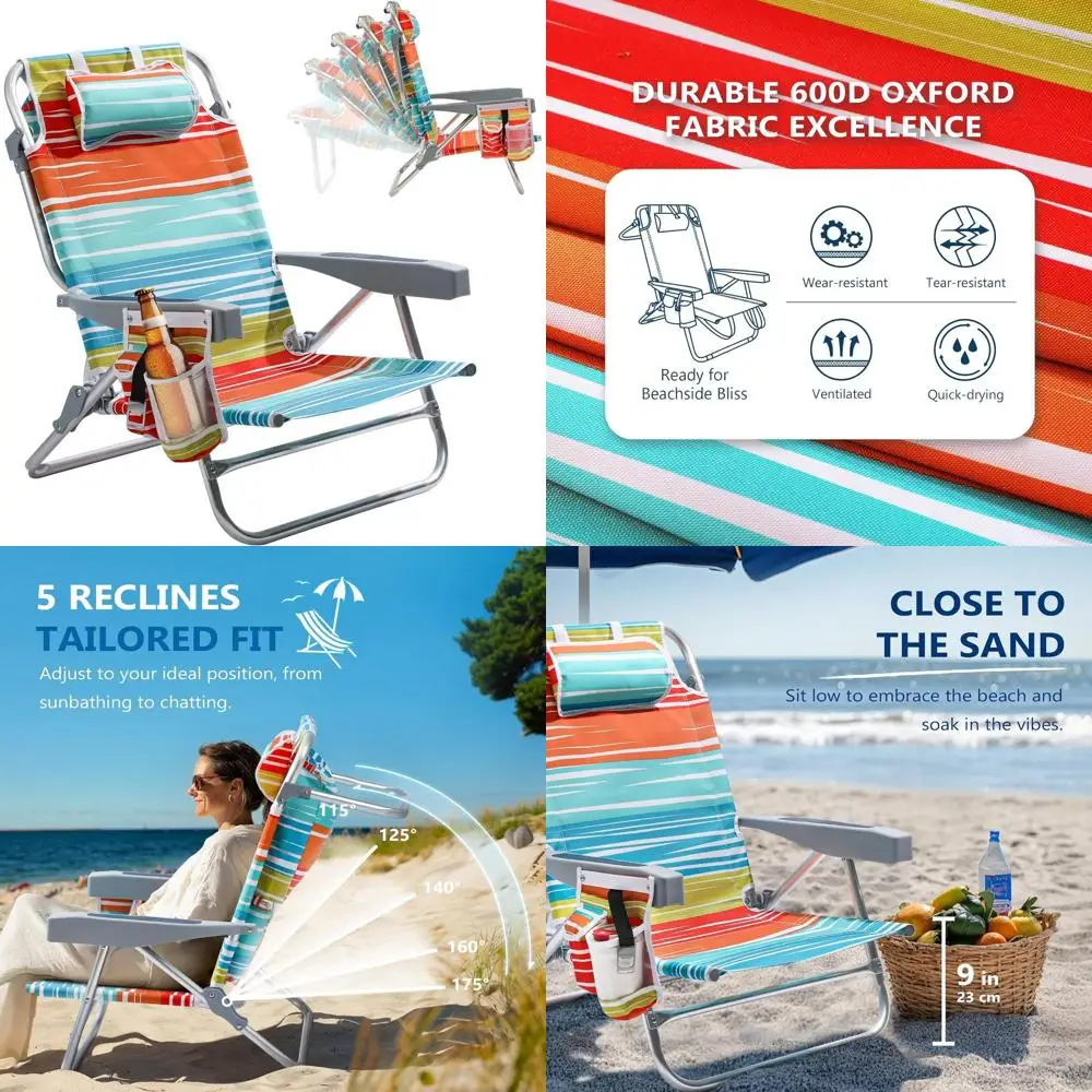 

Компактное пляжное кресло в разноцветную полоску с кулером, местом для хранения вещей, вешалкой для полотенец, подстаканниками и держателями для телефонов