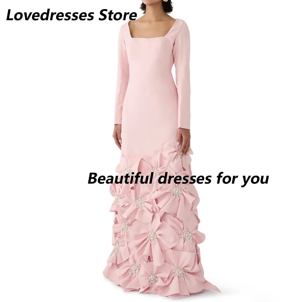 فستان سهرة وردي مخصص برقبة مربعة وأكمام طويلة لؤلؤ زهور خط فساتين حفلات عصرية فساتين الحفلات 2025