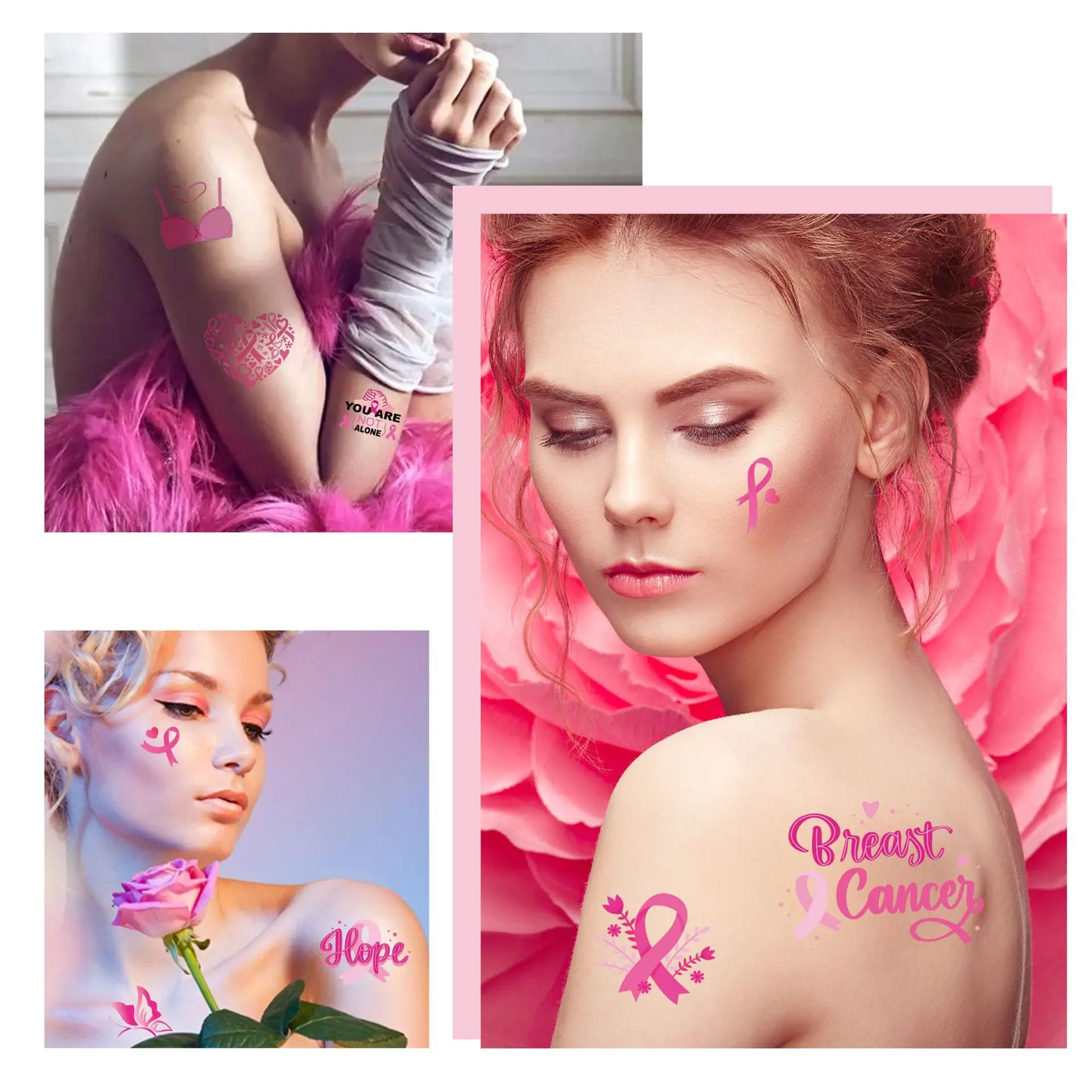 10Pcs/Set Pink Ribbon Tattoo Stickers DIY Tattoo Stickers Women Breast Cancer Awareness Temporary Body Art Tattoos Waterproof Ta