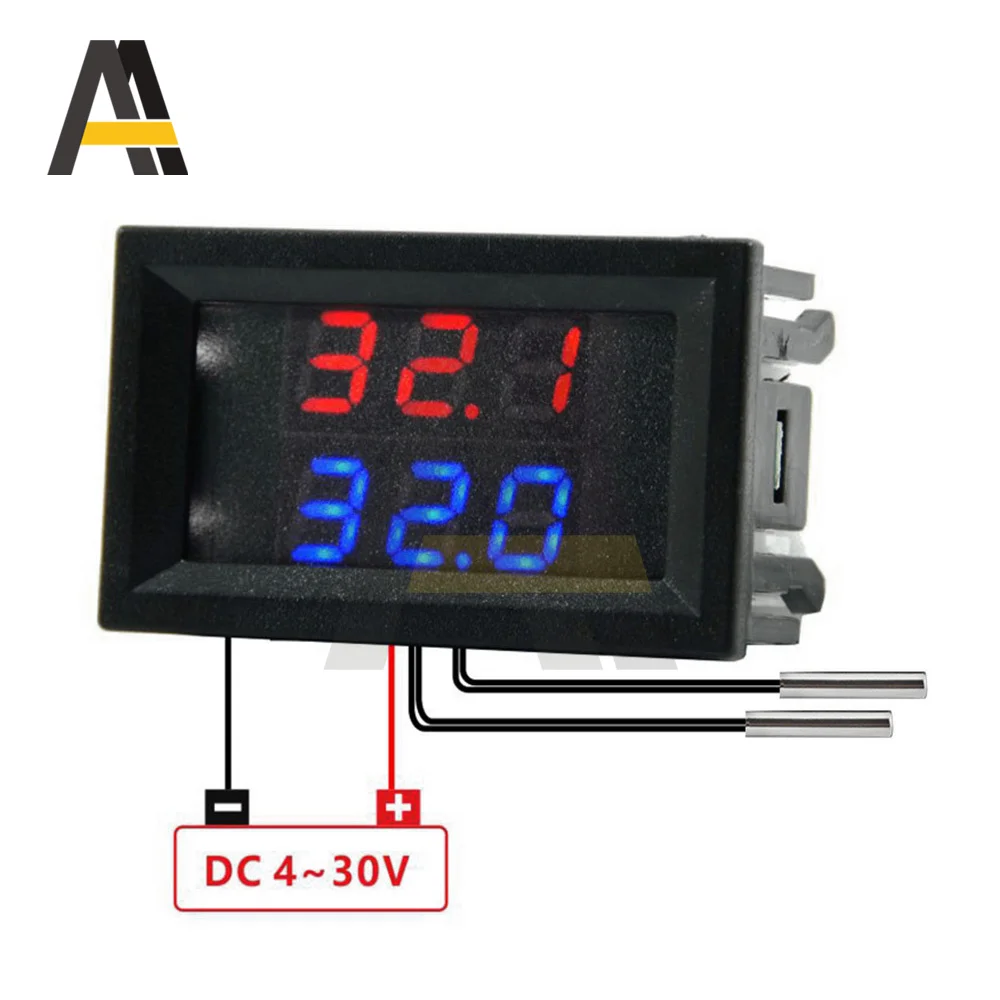 3 Digit Dual-display Digital Thermometet DC4-28V 15mA Red Blue Display  Digital Thermoregulator with NTC Waterproof Dual Probe