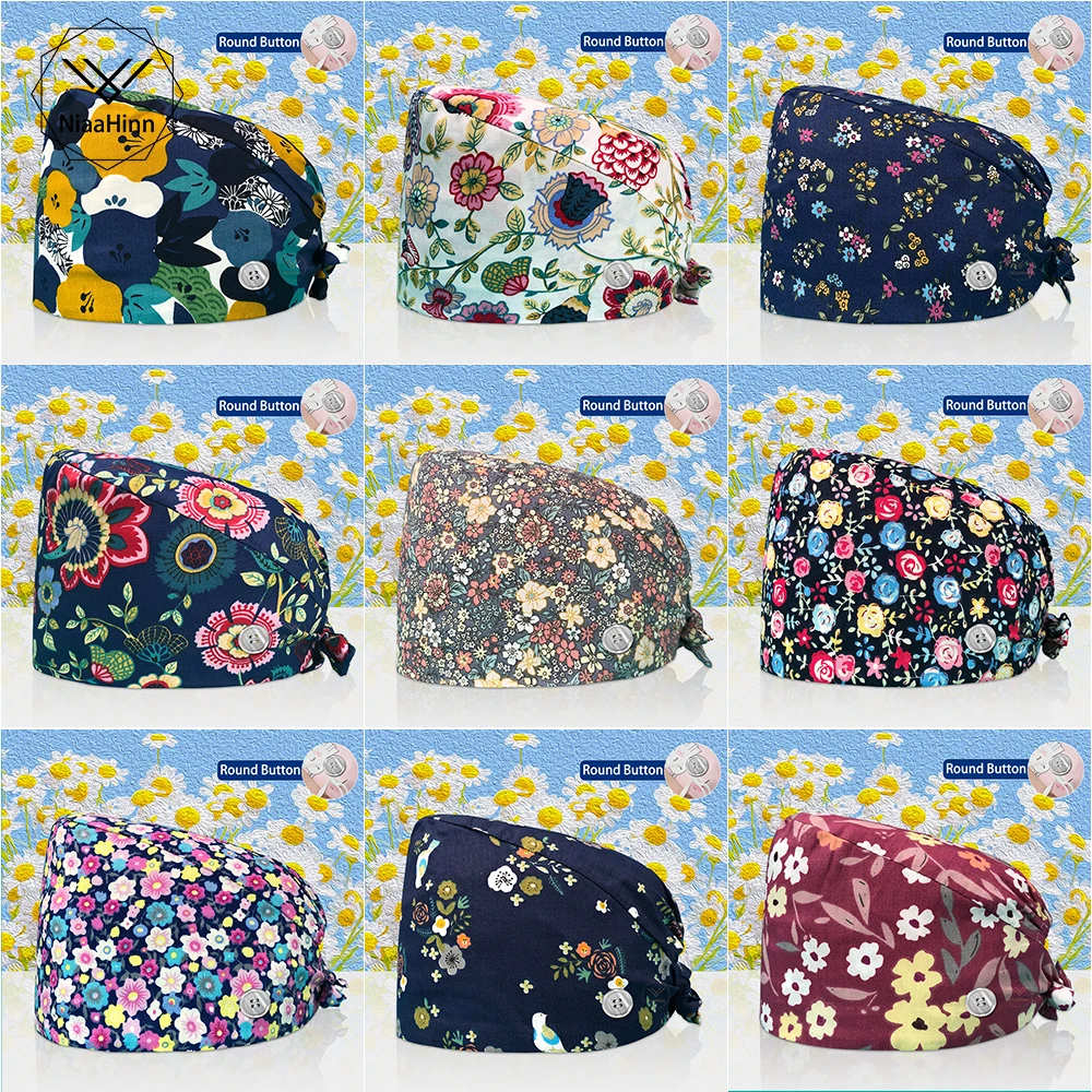 Cotton Lab Work Scrubs Caps Flower Printing Medical Scrubs Women Surgical Caps Health Service Caps Operator Hats Nursing Hats