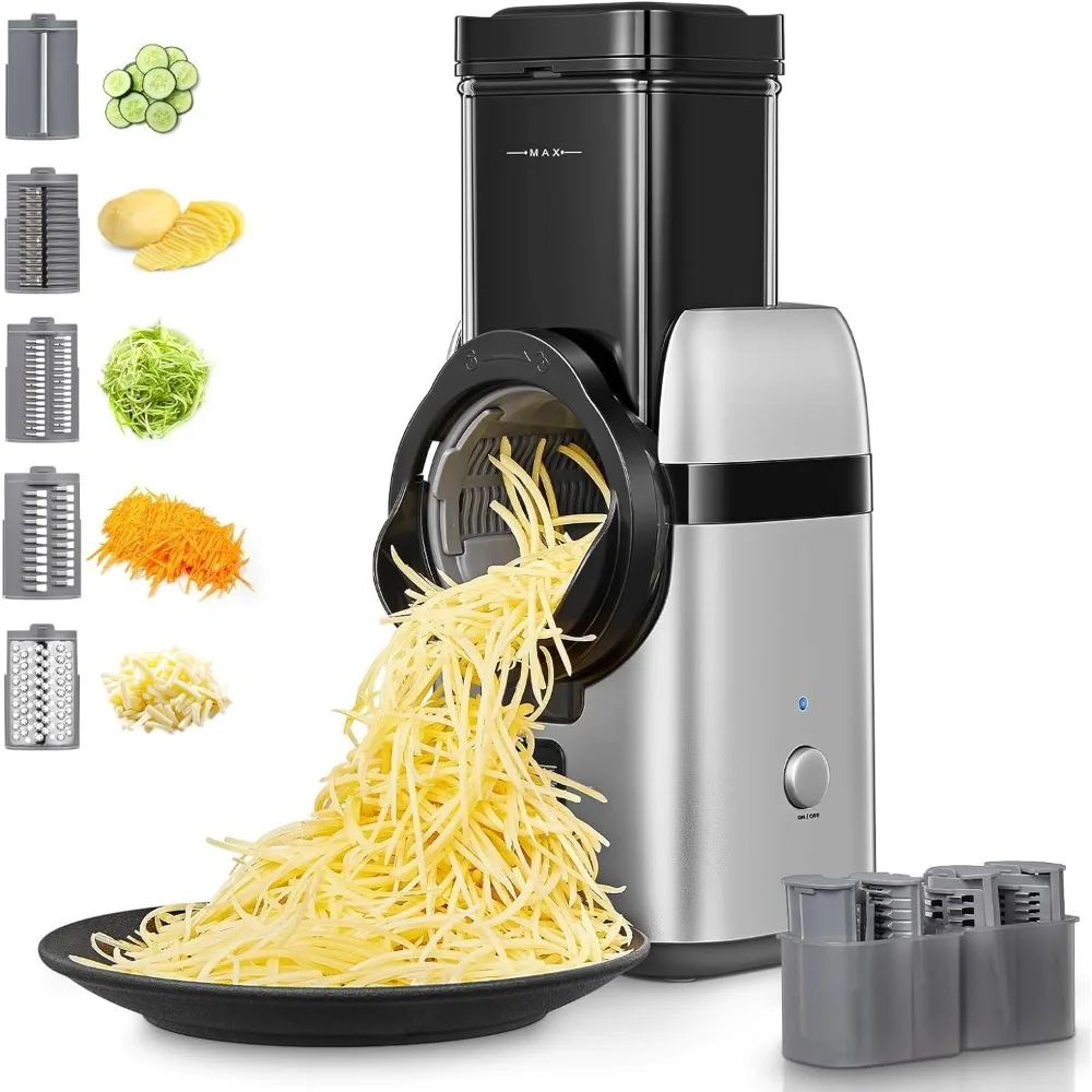 Electric Cheese Grater, Large Feed Chute Electric Grater Vegetable Shredder with Multi Replaceable Blades and Storage Box