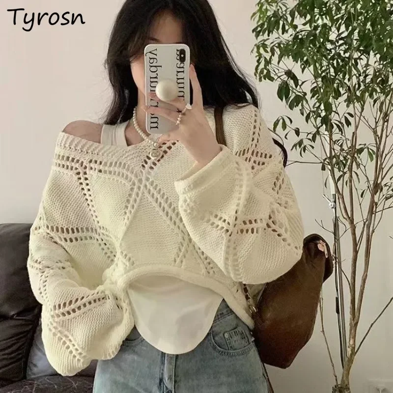 

Pullovers Women Hollow Out Vintage V-neck Loose Lazy Solid Casual Comfortable All-match American Style Girlish Sweet Fashion Ins